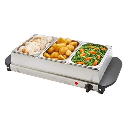 Image of Vintage Gourmet® 3 Tray Food Warmer, All in One Buffet Server with Warming Plate Function,Turkey & Vegetables, Keeps Food Warm 200W, Temperature Control, Cool-Touch Handles Easy Portability 3 x 1.5L