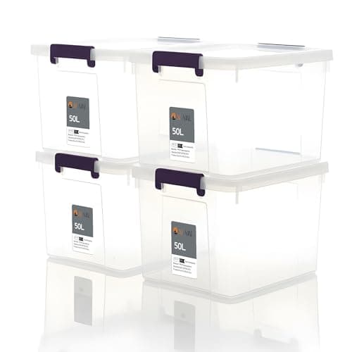 Image of AL AJAL 4 x 50 Litre Underbed Storage Boxes with Lids Set of 4, Clear Multipurpose Nestable Stackable Plastic Storage Box With Lid 50L Clear Containers For Home, Kitchen, Garage, Office, Accessories