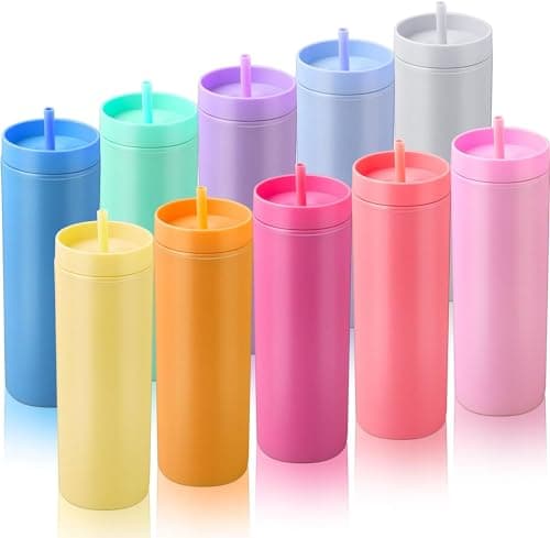 Image of 10 Pieces Skinny Tumbler Cups with Lids and Straws, Matte Pastel Colored Acrylic Tumblers Set, Reusable Double Wall Plastic Mugs Cold Hot Drinks Water Bottles for Vinyl DIY Presents, 16 oz