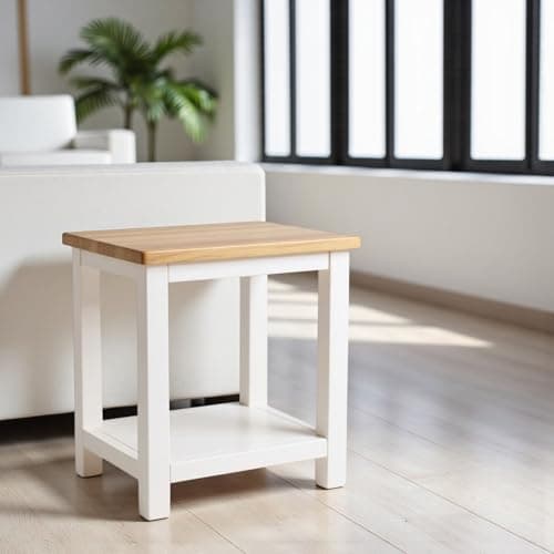 Image of GROF GROFurniture White Side Table - Painted Sofa Side Table with Oak Top, Wooden Bedside Table, for Living Room, Bedroom, Home Office, End Tables Large Ready Assembled