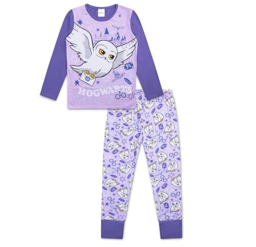 Image of Harry Potter Girls Pyjamas– Hedwig Hogwarts Girls Pjs- Long Sleeve Top & Cuffed Bottoms Sleepwear Set– Ages 6 to 13 Years Old (11-12 Years) Purple