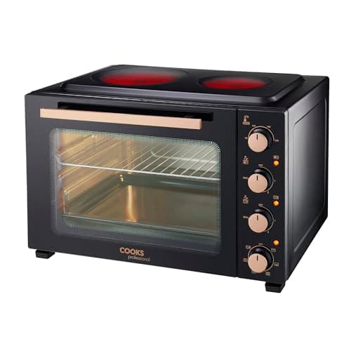 Image of Cooks Professional Mini Portable Oven with Ceramic Hobs | Energy Efficient Electric Countertop Cooker with Two Hot Plates & Wire Rack Baking Tray | Kitchen Grill Ovens | 48L Capacity | Black & Copper
