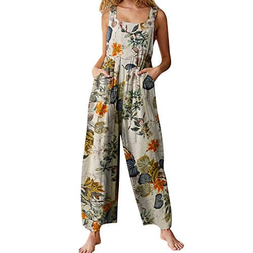 Image of YILEEGOO Cotton Linen Dungarees for Women, Ladies Casual Overalls Baggy Wide Leg Pants Jumpsuit Playsuit (Yellow, XX-Large)