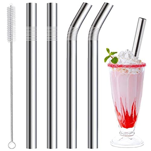 Image of Vinaco Milkshake Straws - 10mm Wide, 4 Pack Stainless Steel Straws - 266mm & 216mm Long with 1 Straw Cleaner, Reusable Metal Straw for Milkshake, Smoothie and Jumbo Thick Drinks