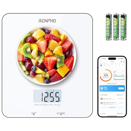 Image of RENPHO Electronic Digital Kitchen Scales with Tare Function, Food Weighing Cooking Scale for Baking and Calorie Counting, Tempered Glass Platform with LCD Display, 5 Units Conversion, 5kg/11lb, White