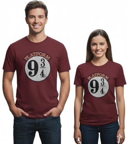 Image of Licensed Unisex Harry Potter Platform 9 3/4 Applique Embroidery with Sleeve Print t-Shirt (L) Maroon