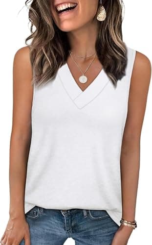 Image of ELFIN Womens Summer Tank Tops Cross V Neck Fashion T-Shirt Casual Loose Fit‌ Sleeveless Vest Top White