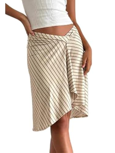 Image of SANSIWU Women Y2k Striped Long Skirt Low Waist Asymmetrical A-line Midi Skirt Summer Elegant Beach Party Maxi Skirts (Yellow, M)