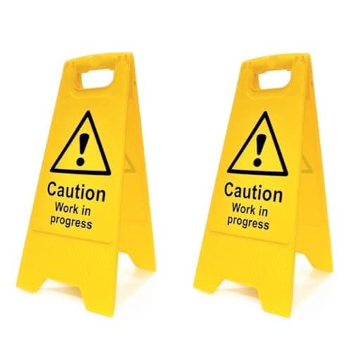 Image of Caution Work In Progress Floor Sign - Pack of 2 | Double-Sided Safety Warning Sign | Foldable A-Frame, High Visibility | Workplace, Maintenance & Public Safety