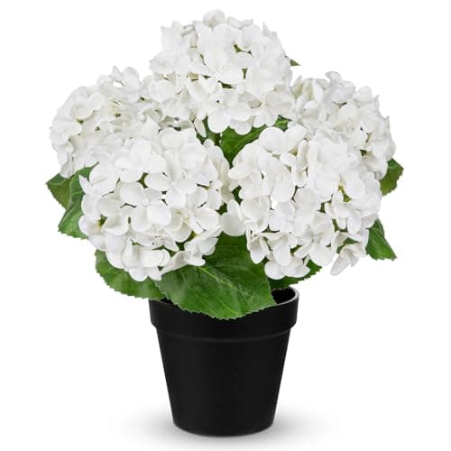 Image of Briful 35 CM Hydrangea Artificial Flowers in Pot - Real Touch Faux Hydrangea with 4.7" Flower Heads - White Artificial Flowers Fake Indoor Plants for Windowsill, Bathroom Shelf, Kitchen Decor