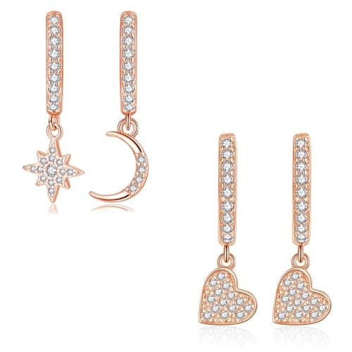 Image of Zolkamery Hoops Earrings for women, 2 Pairs 925 Sterling Silver Huggie Hoop Earrings Set, Hypoallergenic White Zirconia Drop Dangle Earrings, Cartilage Rose Gold Hoop Earrings Hanging with Gift Box