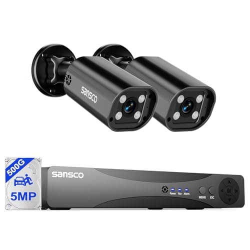 Image of SANSCO 2-Way Audio/Talk, 3K Color Night Vision, Wired CCTV Camera System Outdoor with 500GB Hard Drive, 4 Channel DVR, 2 x 5MP Home Security Bullet Cam, Face/Human/Vehicle Detection, Email/App Alert