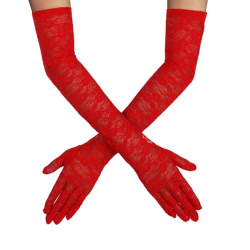 Image of DIVINA VITAE Red Lace Gloves, Women's Elegant Tea Party Opera Long Lace Gloves Mittens for Bridal Wedding Dress Cocktail Costume Floral Pattern Arm Elbow Length