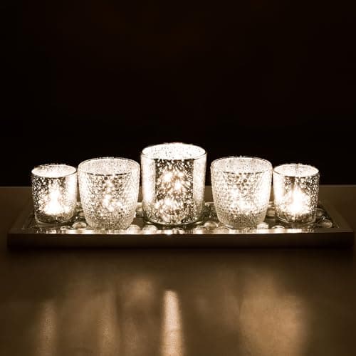 Image of Toptime Tea Light Candle Holders, Silver Glass Candle Holders with Tray and Glass Pebbles, Set of 5 Mercury Votive Candle Holder, Speckled Table Decorations Centrepiece for Party, Wedding, Home Decor