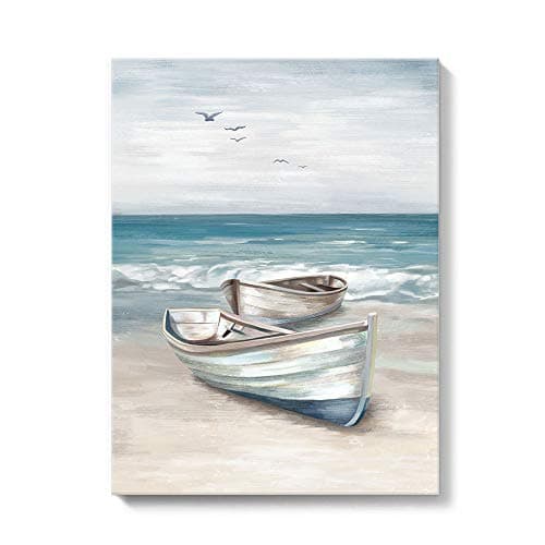Image of SUMGAR Ocean Wall Art Blue White Sea Canvas Paintings Sandy Beach Pictures Boat Coastal Artwork Framed Seashore Prints Seaside View Home Decor for Bathroom Living Room Bedroom 30x40cm