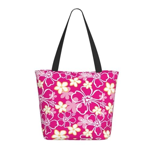 Image of Buewutiry Travel Tote Bag for Women Work - Lightweight Hawaiian Style Pink Flower Shoulder Bag Nurse Bag Beach Handbags for Women, Fashion Large Tote Purse for Women with Zipper