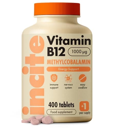 Image of Incite Nutrition Vitamin B12 Tablets 1000 mcg. +1 Year Supply of High Strength Methylcobalamin. Boost Energy and Support Nervous System. Easy to Swallow, Non-GMO, and Suitable for Vegetarians & Vegans