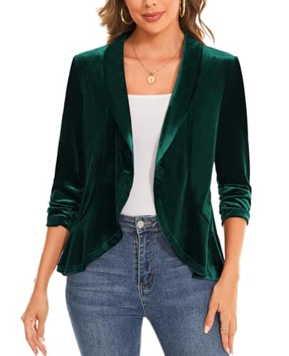 Image of MINTLIMIT 3/4 Ruched Sleeves Womens Velvet Blazer with Ruffle Hem Shawl Collar One Button Closure for Office and Social Occasions (Dark Green L)