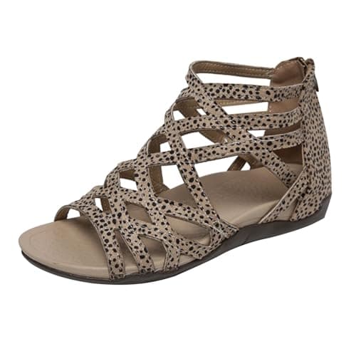 Image of UK 6.5 Women Strappy Gladiator Sandals with Arch Support,Comfortable Back Zipper Roman Casual Walking Fisherman Sandals Open Toe Low Wedges Dressy Summer Flat Sandal Sandles 001_Clearance Khaki