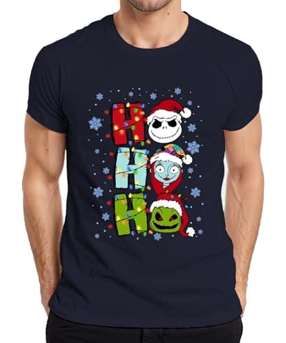Image of Ho Ho Ho Nightmare Before Christmas Jack Skellington Sally Funny Mens T-Shirt, navy, XL