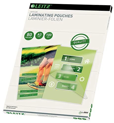 Image of Leitz 33819 Laminating Pouches Made of 80 Micron Thick Material (Transparent, Glossy, A3) - Pack of 100