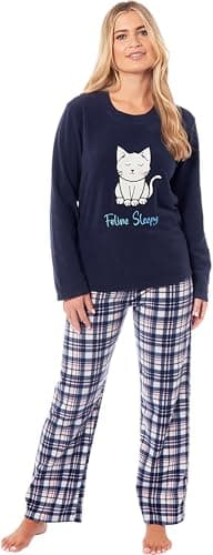 Image of KATE MORGAN Womens Pyjamas Warm Fleece Pyjamas for Women Sets Pjs S-XL | Soft Twosie Pyjama Set for Ladies Gifts for Her Snuggle Up Navy Cat M