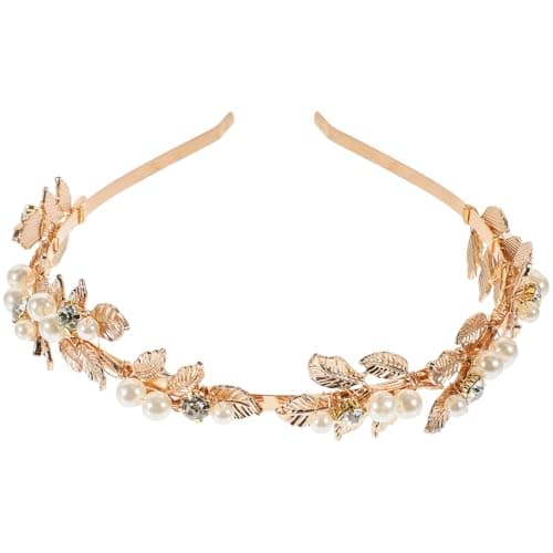 Image of FRCOLOR Wedding Headband Rose Gold Bridal Headband Rhinestone Retro Crystal Pearls Metal Leaves Crown Head Band Tiara for Women Wedding Hair Accessories