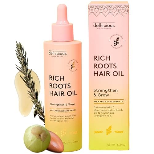 Image of Delhicious Amla Hair Oil & Rosemary Oil for Hair Growth - Rich Roots Hair Loss Treatment for Thinning Hair - Dry Scalp Treatment with Argan Oil - Ayurveda Scalp Oil - Vegan, Sulphate Free - 100ml