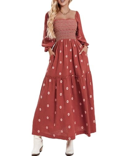 Image of Acrawnni Women's Flower Embroidered Maxi Dress Long Puff Sleeve Square Neck Smocked Tiered Bohemian Flowy Dress Beach Long Dress (A-Brown, M)