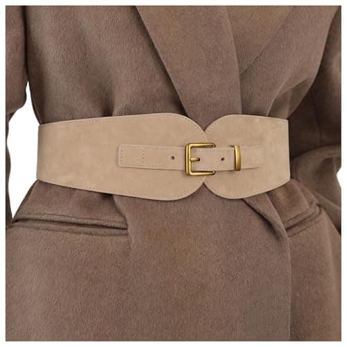 Image of JASGOOD Women's Wide Elastic Belt Suede Stretchy Belt for Dress Suits with Vintage Gold Buckle, Beige