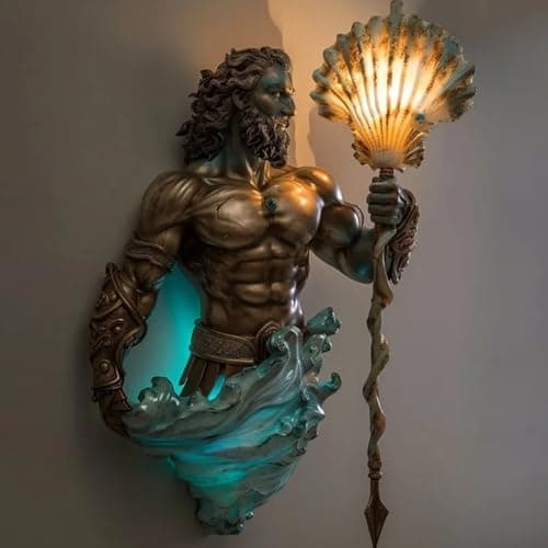 Image of Large Poseidon Shell Wall Lamp - Mythical Greek God Sculpture with Blue-Green Glow, Vintage Style Bedroom Hotel Restaurant Decorative Walls, for Bedroom Living Room Hallway Church Home Decor (Brown)