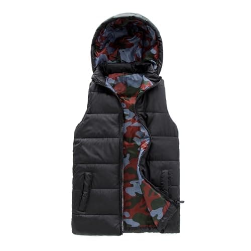 Image of JOYSON Kids Lightweight Padded Gilet Sleeveless Puffer Vest Boys & Girls Quilted Outwear with Hood Black Camo 7-8 Years