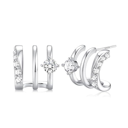 Image of Roheafer 14K Gold Plated Triple Huggie Illusion Stud Earrings for Women 925 Sterling Silver Post Small Claw Earrings for One Hole Dainty Cubic Zirconia Studs Lightweight Jewelry Gift(S-Round)
