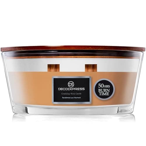 Image of DECO EXPRESS Scented Candles, Double Wick Crackle Candles, Long 50 Hours Burn Time, Calming & Cosy Home Decor, Birthday, Valentine’s Day & Mother’s Day Decor & Gift Idea (Sandalwood/Patchouli)