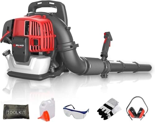 Image of BU-KO 52CC Petrol Backpack Leaf Blower - Powerful 2 Stroke Air Cooled Engine - Lightweight With New and Improved Padded Support Straps While Using - Safety Gear