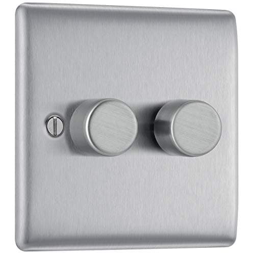 Image of BG Electrical Intelligent Double Wall Dimmer Switch, 2 Way, Raised Profile, Round Edges, Nexus Metal, Brushed Steel, 200W, NBS82