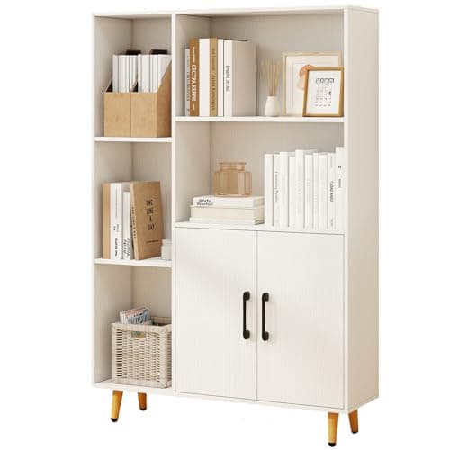 Image of SFAREST Wooden Storage Bookcase, Free Standing Tall Cupboard with Doors & Open Shelves, Home Office Display Cabinet Bookshelf for Living Room Dinning Bedroom Hallway(White,80 x 23 x 119cm)