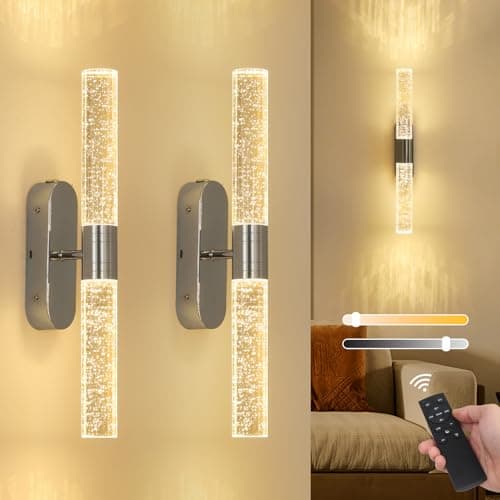 Image of Stepeak Rechargeable Wall Lights Set of 2, Battery Operated Wall Lights with Remote, Chrome Wireless Wall Light with Bubble Glass Shade, Crystal Battery Powered Wall Sconces for Living Room Bedroom