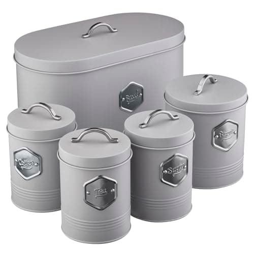 Image of Cooks Professional 5 Piece Tea Coffee Sugar Bread & Biscuit Cannister Set | Labelled Storage Tins | Containers with Airtight Lids | Canisters for Kitchen Accessories & Essentials | Grey & Silver