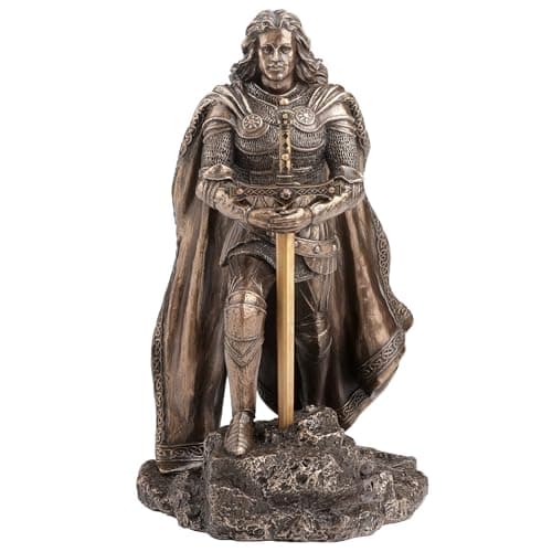 Image of King Arthur Standing Pulling the Sword in the Stone Bronze Finish Statue