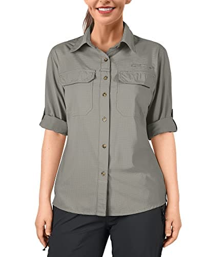 Image of 33,000ft Women's Hiking Shirts UPF50+ UV Protection Outdoor Shirt Quick Drying Casual Shirt Long Sleeve Functional Shirt Fishing Shirt for Walking Safari Travel Golf Grey Green L