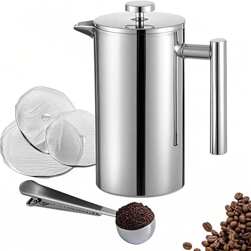 Image of Wrobic Cafetiere French Press Small 350ml/12oz, Cafetiere Stainless Steel Double-Wall Metal Insulated Coffee Press, 3 Level Filtration System with 3 Extra Filter Screens, (1cup)