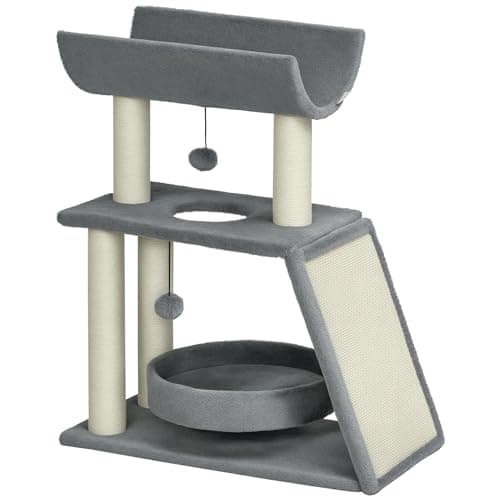 Image of PawHut Cat Tree for Indoor Cats with Scratching Posts Pad, Kitten Tower with Bed Perch Ball Toy, 60 x 30 x 76 cm, Light Grey