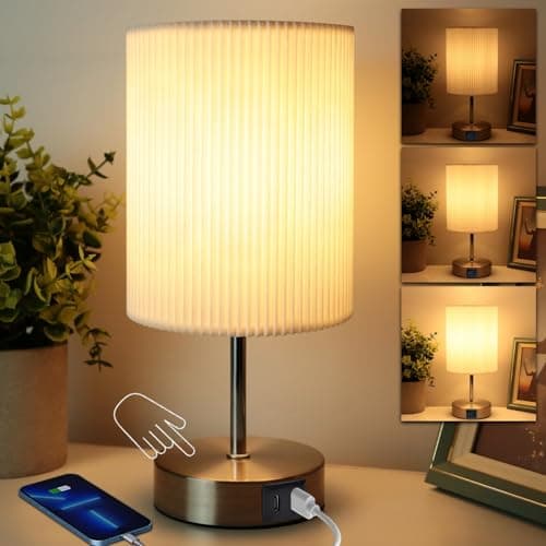 Image of HSLighting Bedside Lamps, Touch Control Table Lamp with Metal Base 3-Way Brightness Changing Dimmable USB A+C Charging LED Light Bulbs Desk Lamp Minimalist Night Light for Bedroom Living Room
