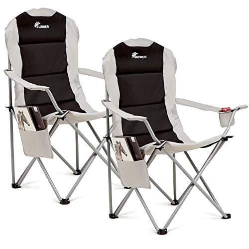 Image of SUNMER Padded Camping Chairs - Set of 2 Deluxe Folding Chairs with Cup Holder and Side Pockets - Holds up to 120kg - Lightweight 3.3kg per Chair - Professional Outdoor & Garden Seating - Black & Grey