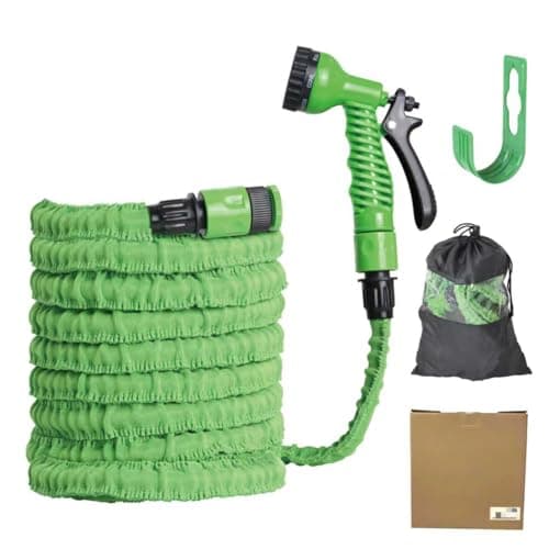 Image of Expandable Garden Hose Pipe with 7-Function Spray Gun & Hose Holder – 3X Elastic Latex Hose, Leak-Proof, Lightweight, Strength Watering Hose with Tap Adaptor & Quick Connectors (50FT, Green) 15meters