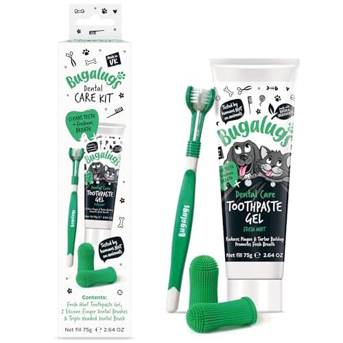 Image of Bugalugs Dog and Cat Dental Care Kit: Toothpaste, 2 Finger Cat Toothbrushes, Dog Toothbrush for Plaque Removal and Fresh Breath