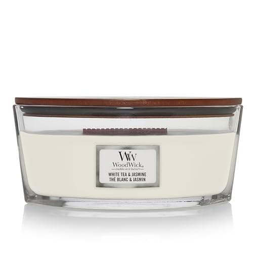 Image of WoodWick Ellipse Scented Candle | White Tea & Jasmine | with Crackling Wick | Burn Time: Up to 50 Hours