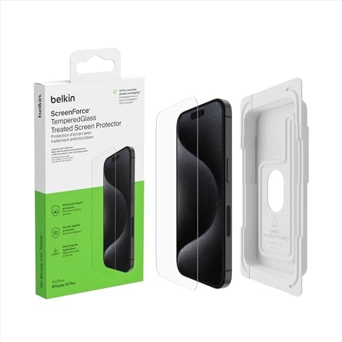 Image of Belkin ScreenForce TemperedGlass Treated Screen Protector for iPhone 15 Pro, Slim, Crystal Clear, Scratch-Resistant Tempered Glass Film, Includes Easy Align Tray for Bubble Free Application