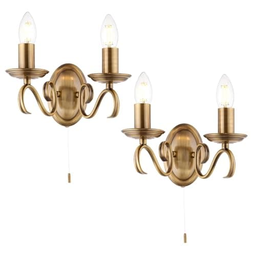 Image of National Lighting Indoor Wall Light - Dimmable Twin Wall Lamp with Pull Chord Switch – Decorative Scrolled Arm Wall Sconce LED Wall Light for Bedroom Livingroom Dining-Room Hallway – Antique Brass x2